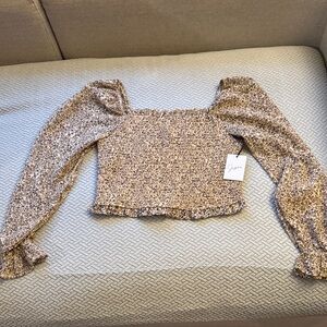 Floral Smocked Square-Neck Top in Beige